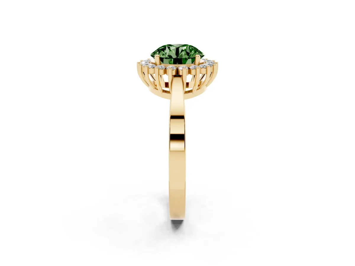 Fancy Green Round Cut Cut Diamond Halo Ring with Round Brilliant Halo and Solitaire Band Yellow gold