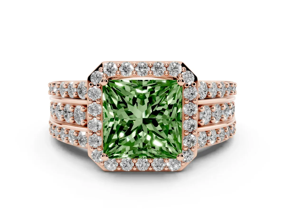Fancy Green Princess Cut Halo Diamond Ring with Round Split Shank and Prong Setting Rose gold