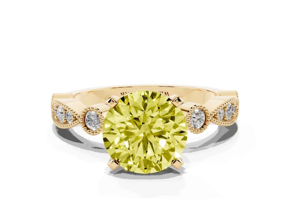 Fancy Yellow Round Cut Milgrain Bezel Diamond Engagement Ring with Solitaire Prong Setting Yellow gold