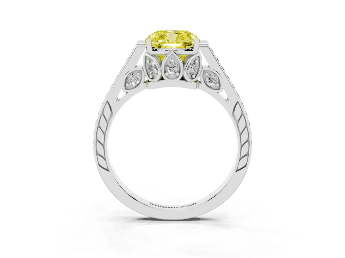 Fancy Yellow Cushion Cut Cut Cathedral Pave Diamond Engagement Ring with Six-Prong Setting Silver
