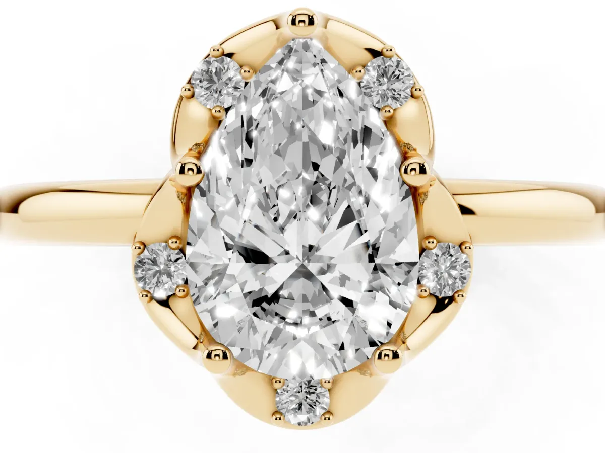 Pear Cut Halo Diamond Ring with Round Cluster Setting, Solitaire Band, and Four-Prong Setting Yellow gold