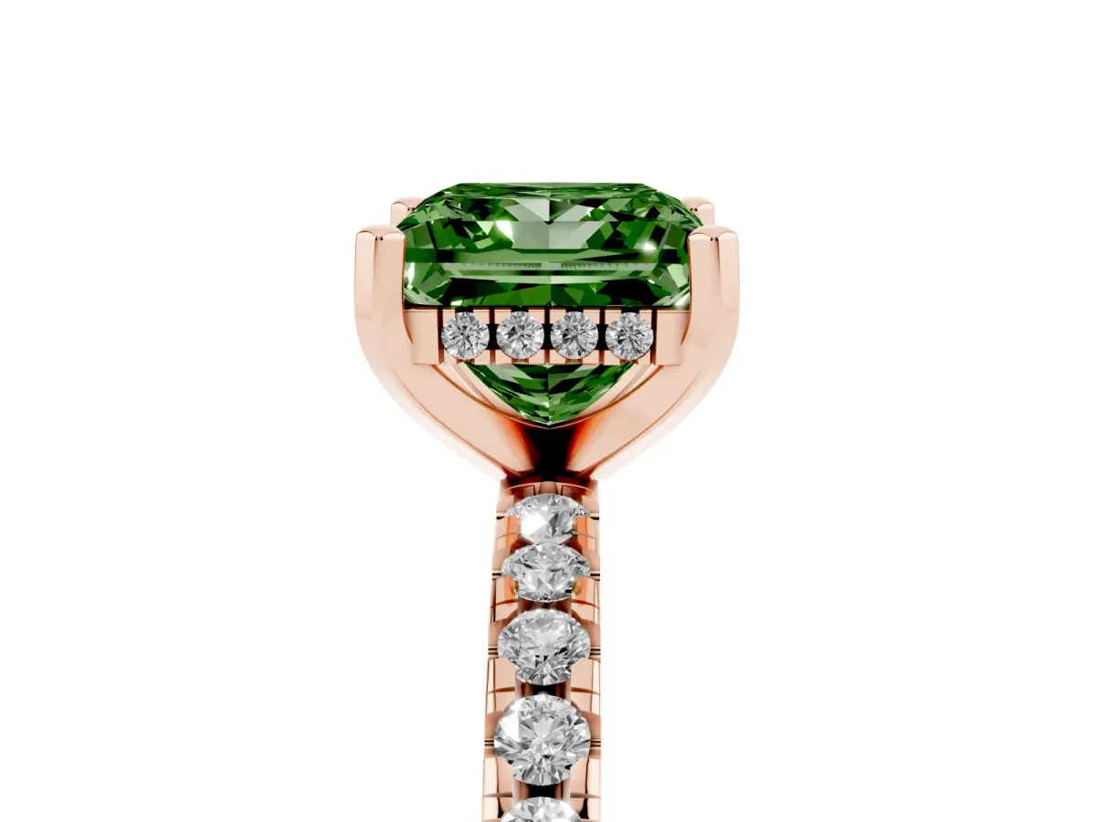 Fancy Green Princess Cut Diamond Solitaire Ring with Round Pavé Band and Four-Prong Setting Rose gold