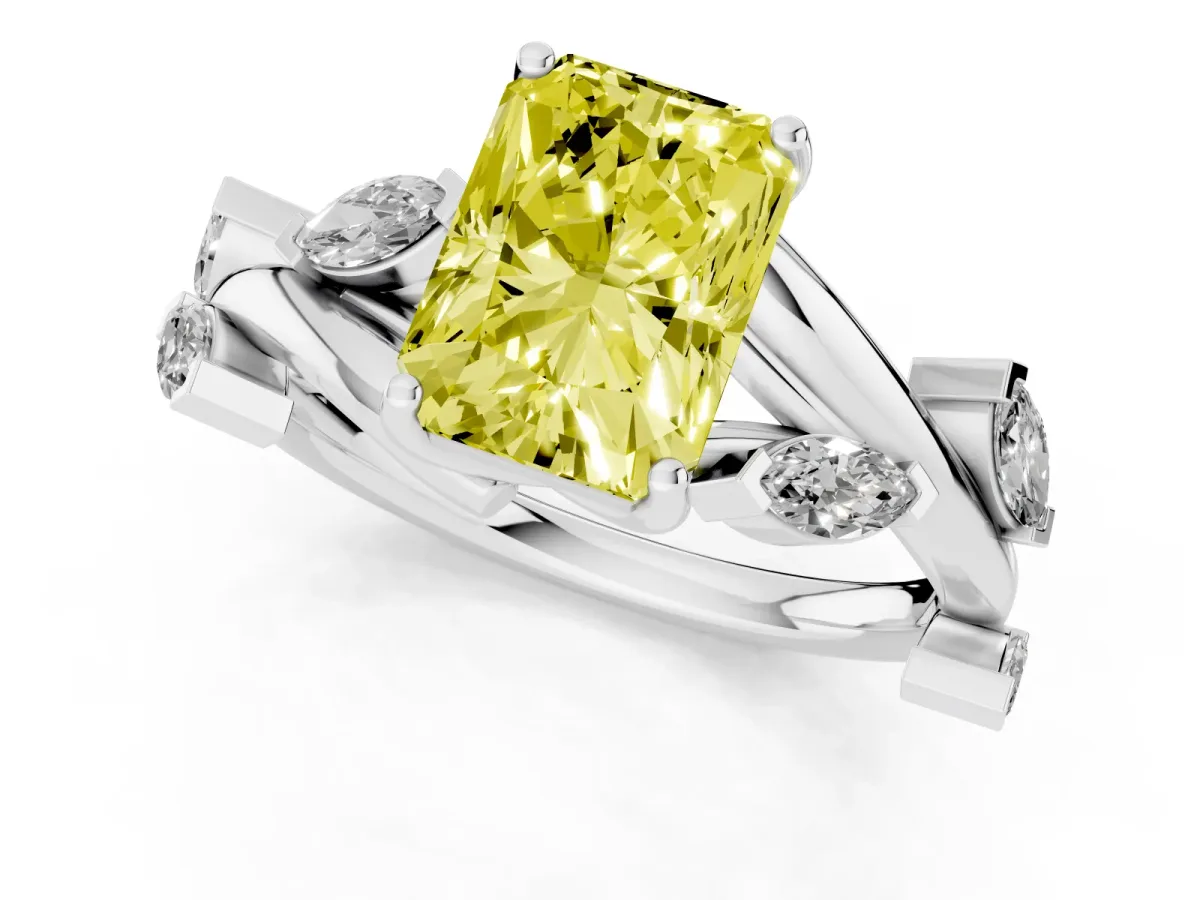 Fancy Yellow Radiant Cut Solitaire Twisted Band Marquise Accent Prong Setting Ring Silver