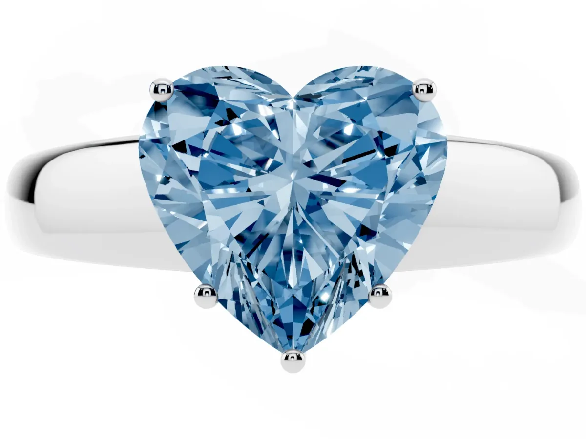 Fancy Blue Heart Cut Solitaire Diamond Ring with Tapered Band and Four-Prong Setting White gold
