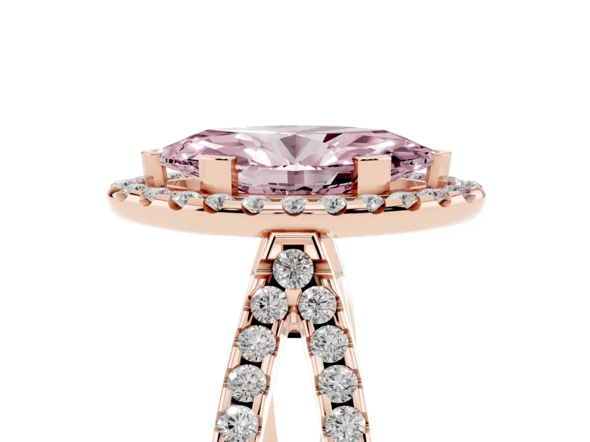 Fancy Pink Marquise Cut Diamond Halo Ring with Split Shank Pavé Band and Prong Setting Rose gold