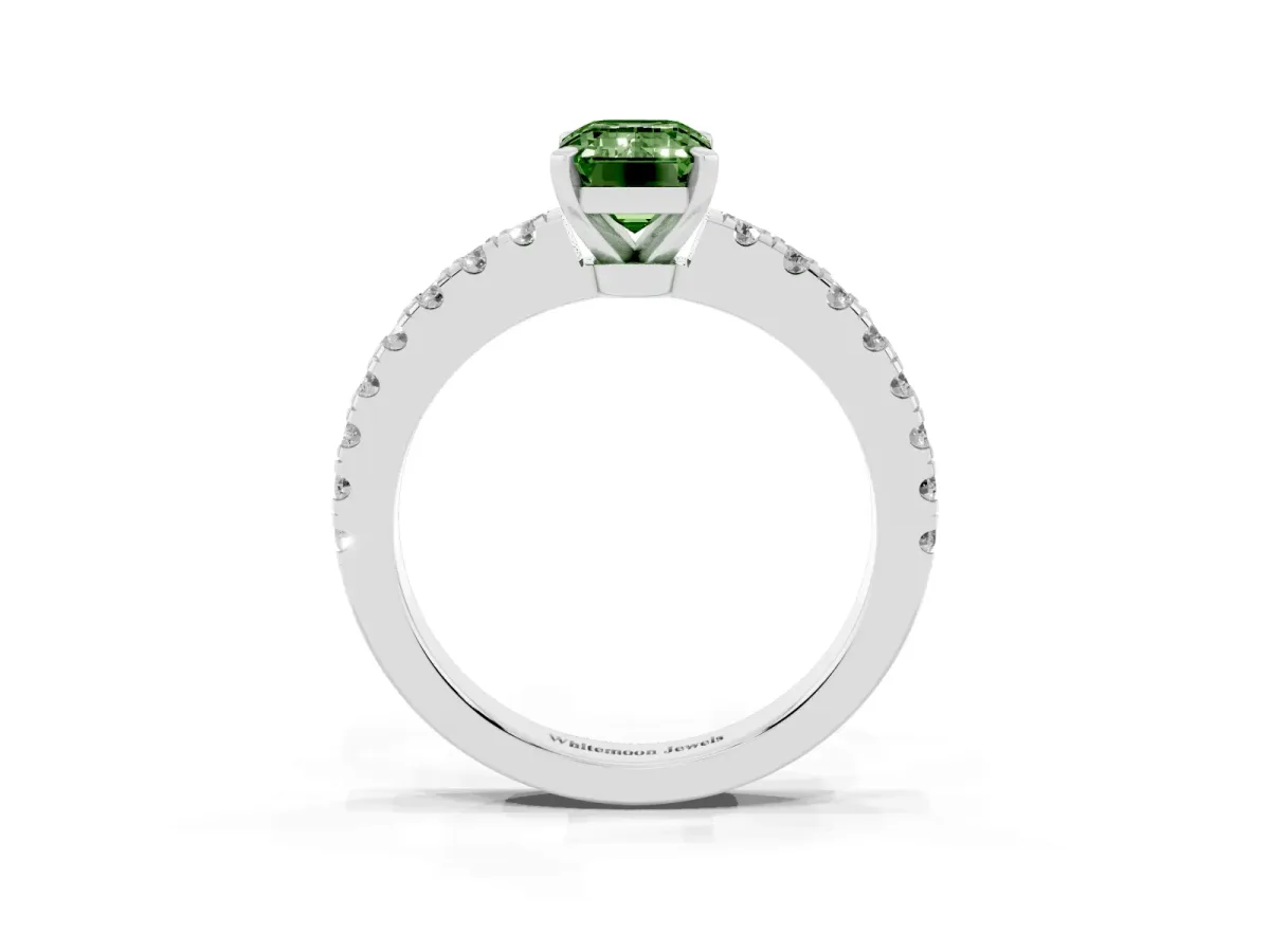 Fancy Green Emerald Cut Solitaire Diamond with Pavé Band and Four-Prong Setting Silver