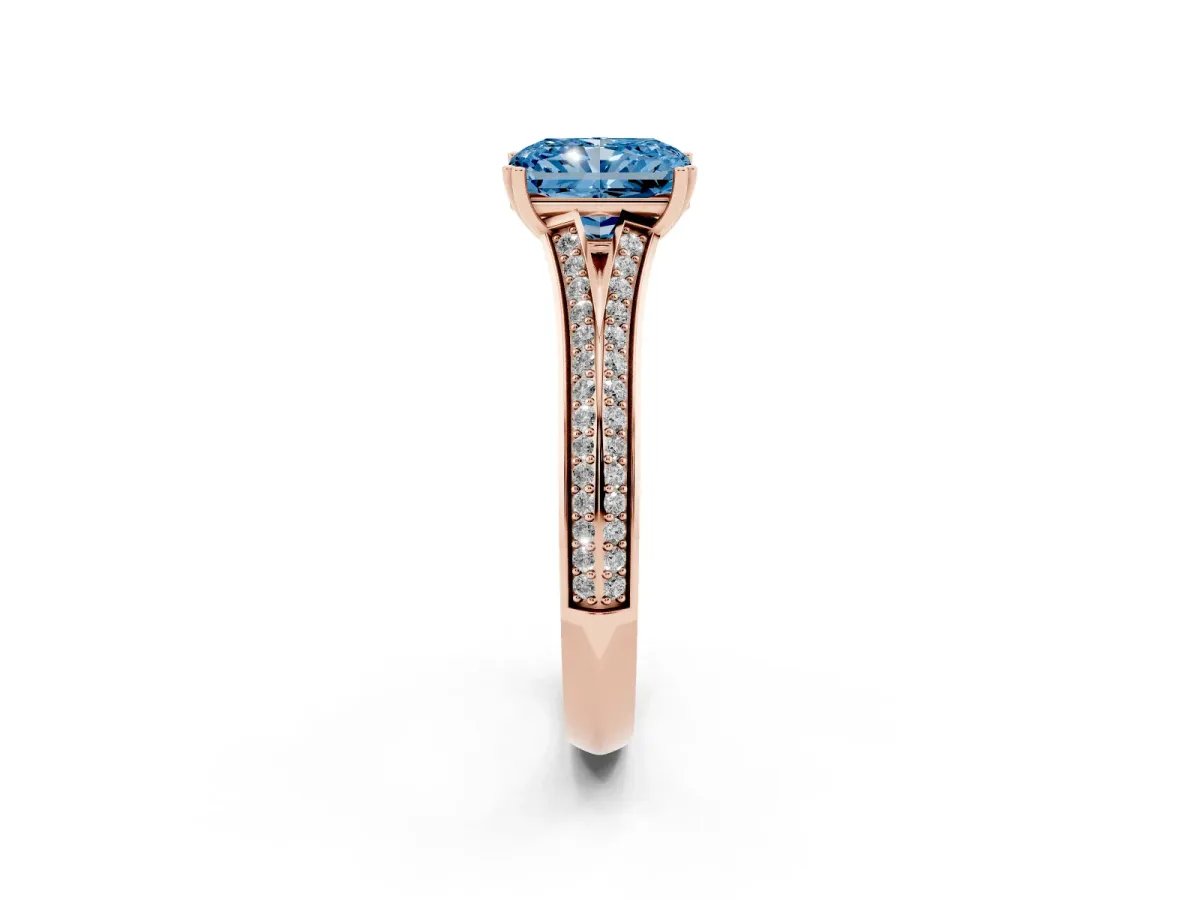 Fancy Blue Radiant Cut Diamond Split Shank Engagement Ring with Pavé Band Rose gold