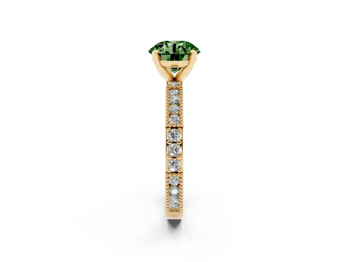 Fancy Green Round Cut Solitaire with Pavé Band and Four-Prong Setting Yellow gold