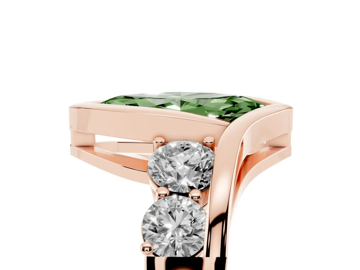 Fancy Green Bezel Set Marquise Cut Diamond Bypass Ring with Round Accents Rose gold