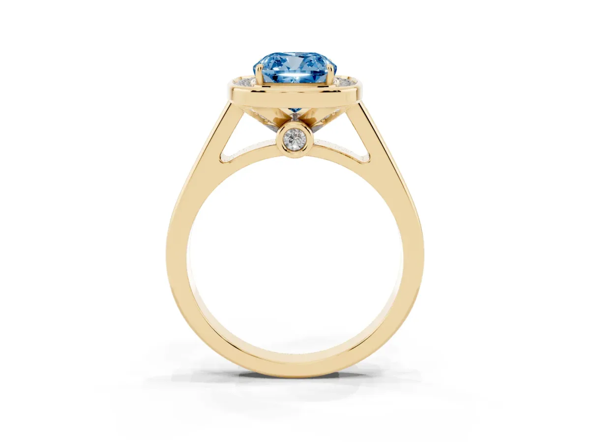 Fancy Blue Cushion Cut Halo Solitaire Diamond Ring with Pave Band and Bezel Setting Yellow gold