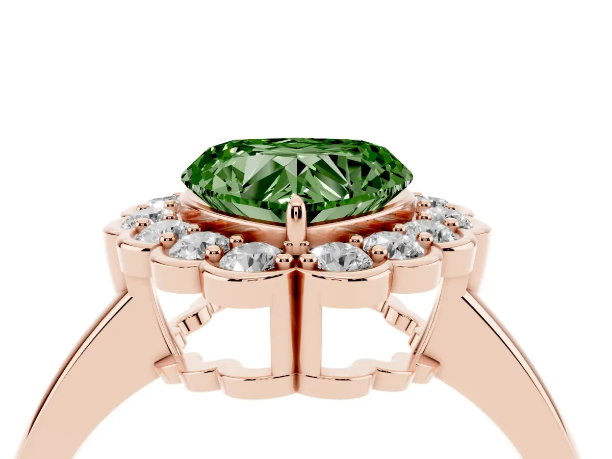 Fancy Green Heart Cut Halo Cluster Diamond Engagement Ring with Solitaire Band and Prong Setting Rose gold