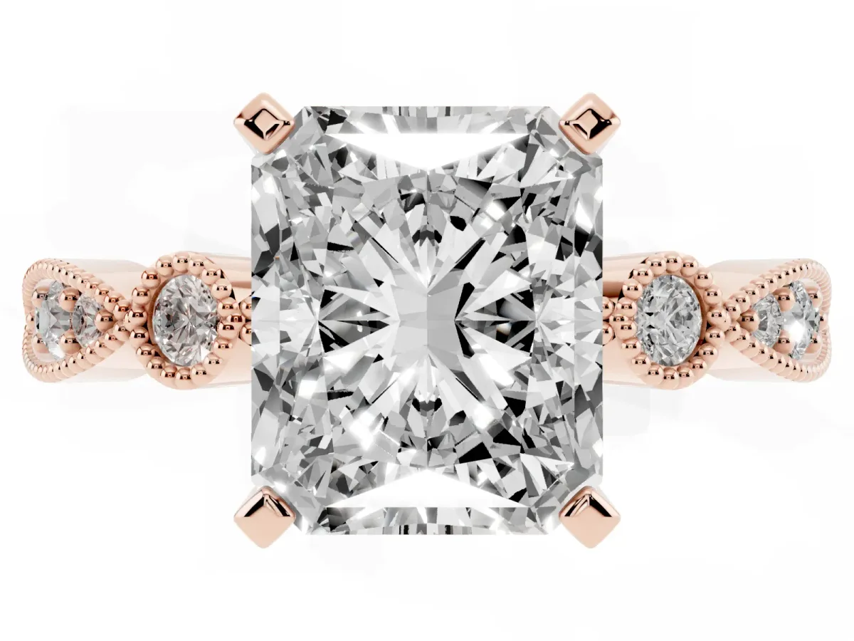 Radiant Cut Milgrain Bezel Diamond Engagement Ring with Solitaire Prong Setting Rose gold