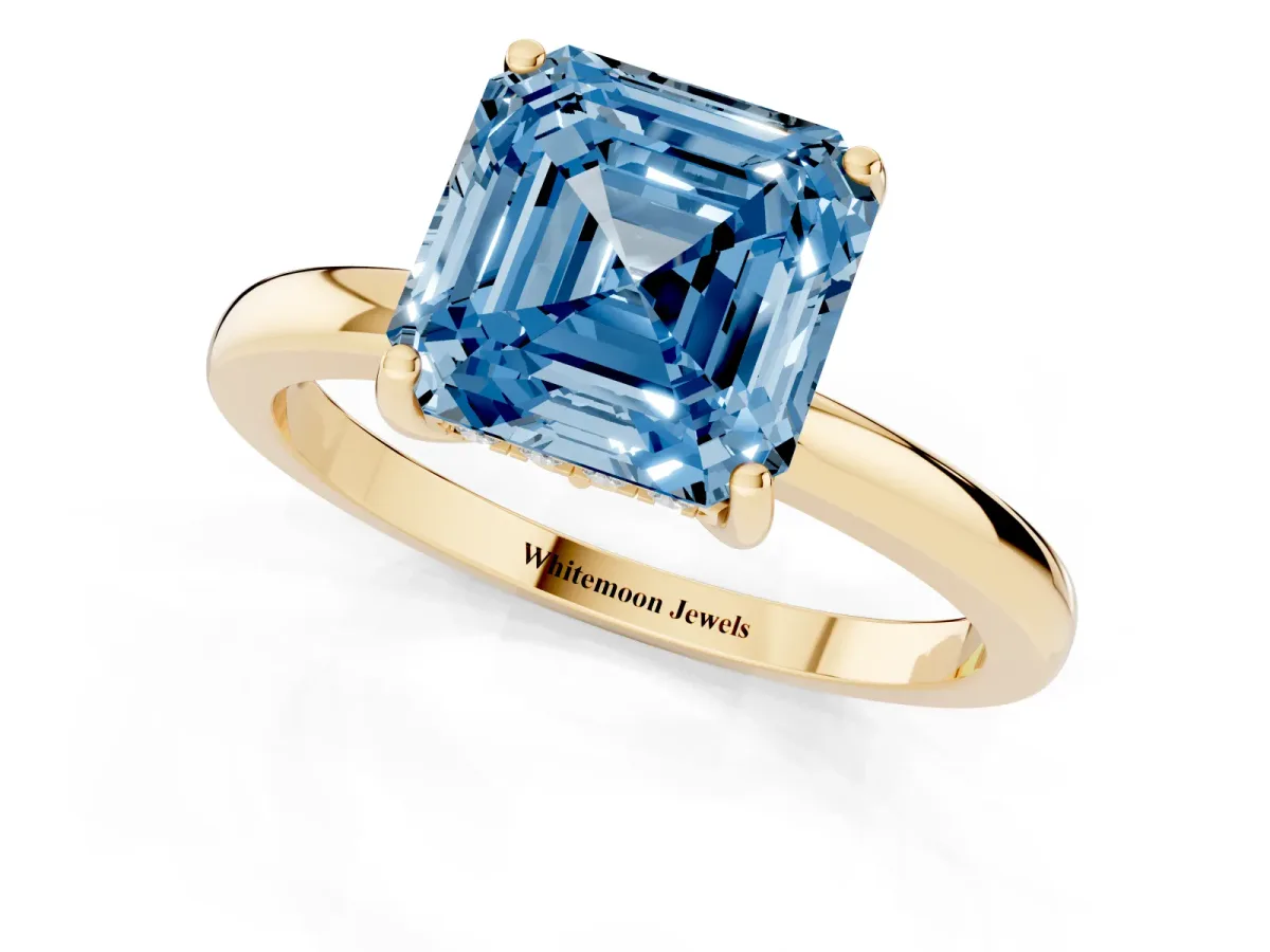 Fancy Blue Asscher Cut Solitaire Diamond Ring with Prong Setting and Plain Band Yellow gold