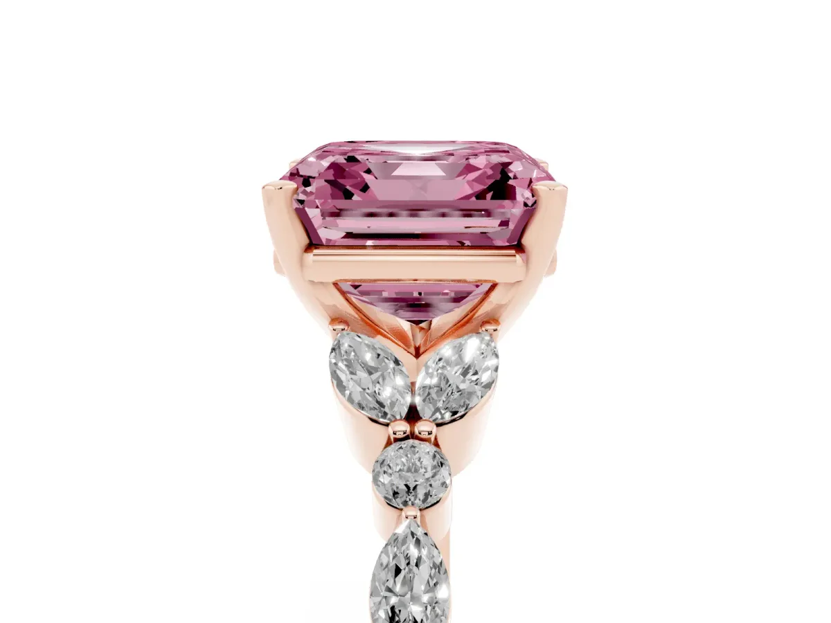Fancy Pink Asscher Cut Diamond Solitaire Ring with Side Stones and Four-Prong Setting Rose gold
