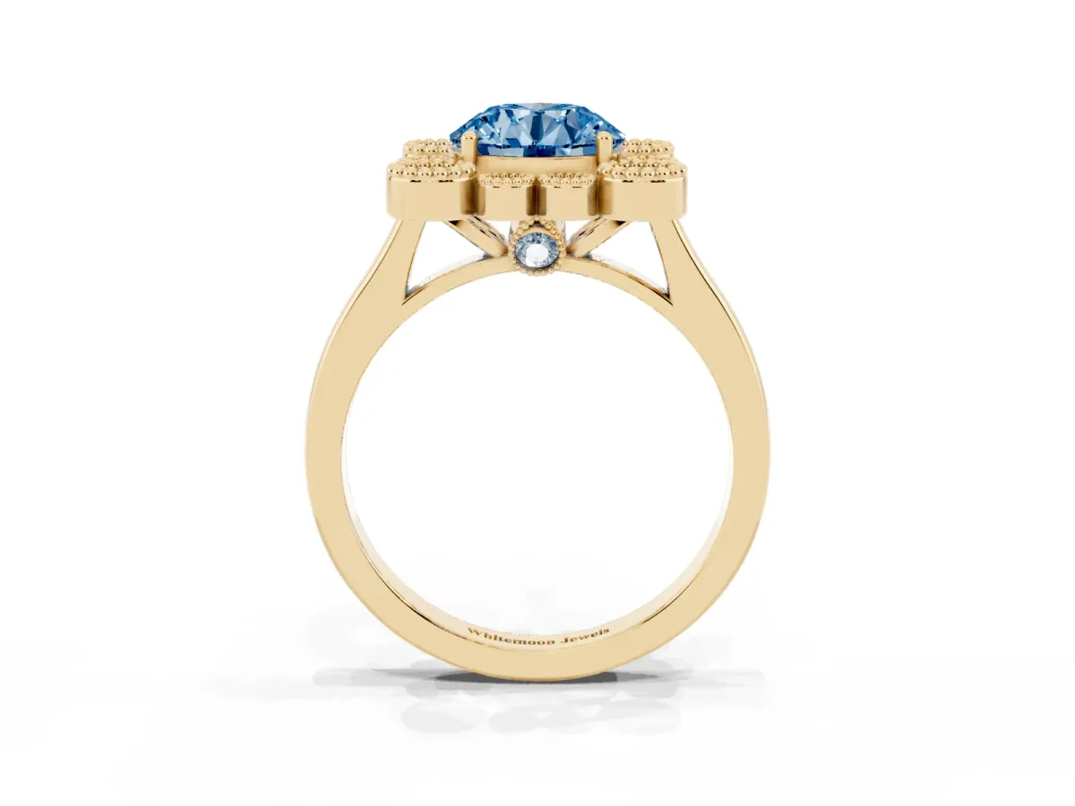 Fancy Blue Round Cut Halo Diamond Cluster Engagement Ring with Milgrain Bezel Setting and Solitaire Band Yellow gold