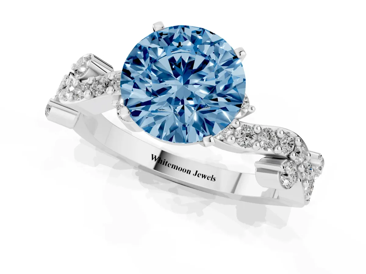 Fancy Blue Round Cut Cut Solitaire Diamond Twisted Band with Pave Setting White gold