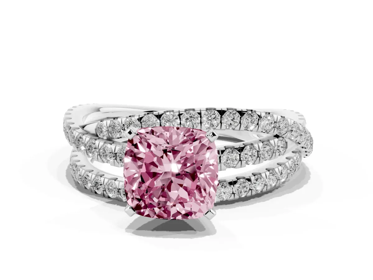 Fancy Pink Cushion Cut Solitaire Twist Band with Pavé Setting and Four-Prong Setting Silver