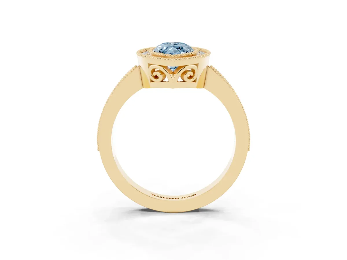 Fancy Blue Marquise Cut Cut Halo Diamond Ring with Pavé Band and Milgrain Prong Setting Yellow gold