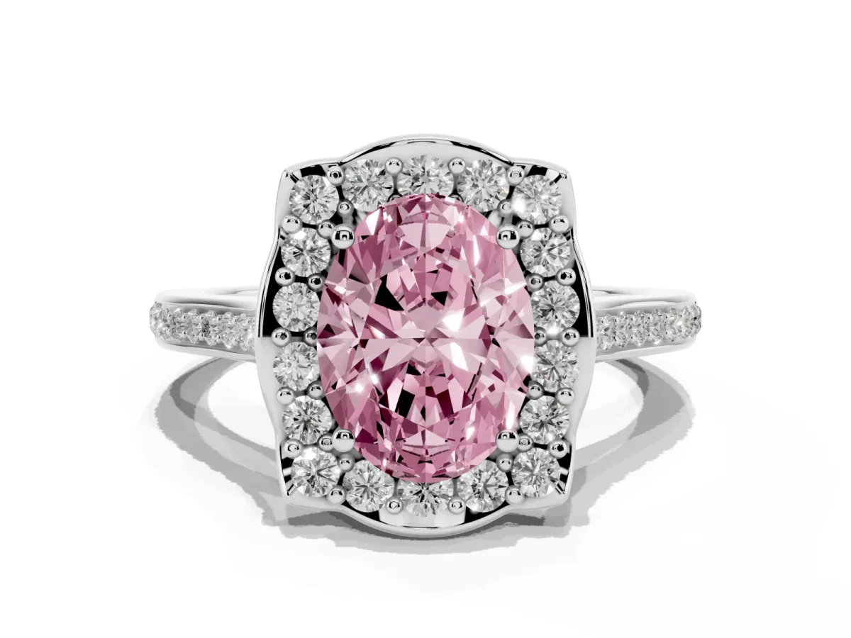 Fancy Pink Oval Cut Halo Round Diamond Pave Band with Four-Prong Setting Silver