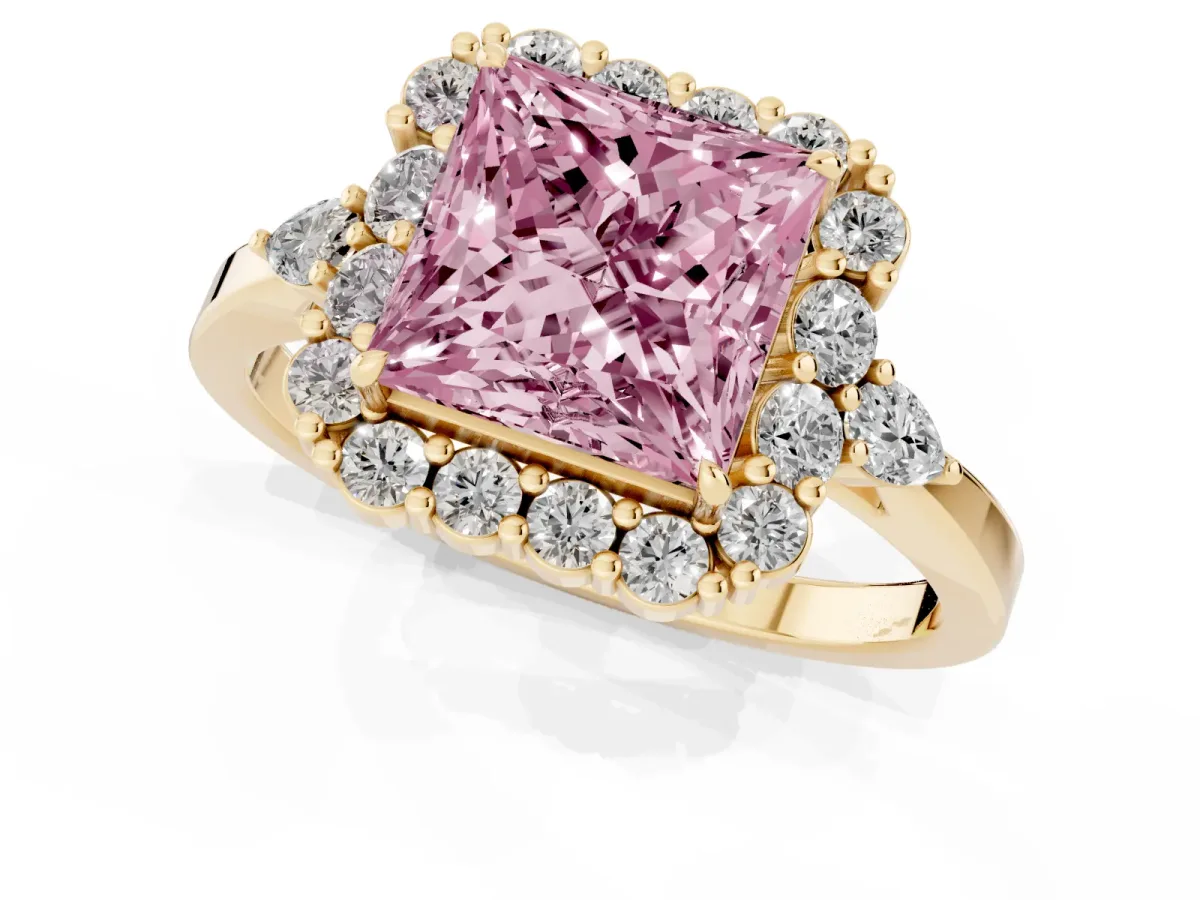 Fancy Pink Princess Cut Diamond Halo Ring with Pear Side Stones and Prong Setting Yellow gold