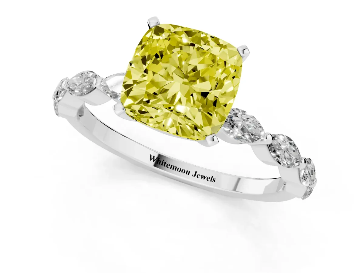 Fancy Yellow Cushion Cut Diamond Ring with Marquise Side Stones and Prong Setting Platinum