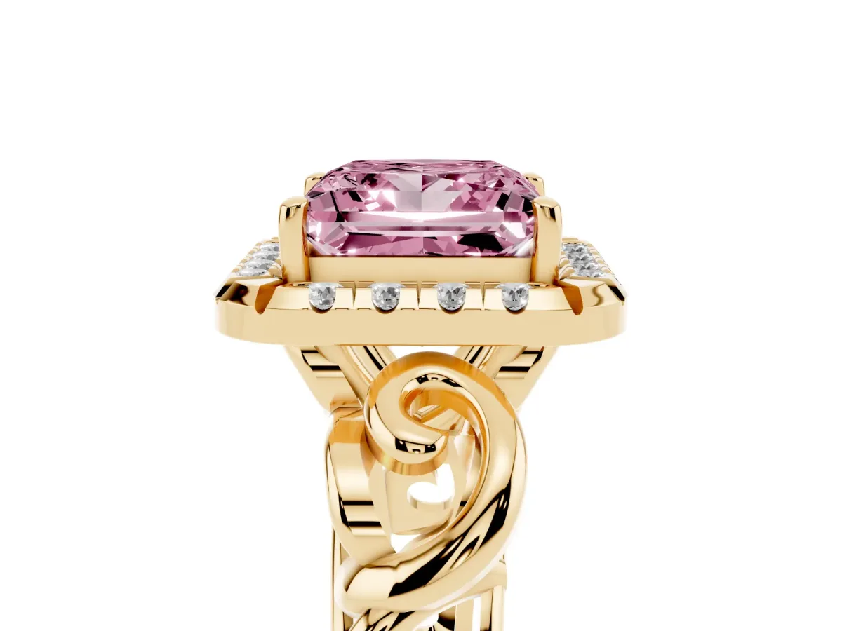 Fancy Pink Princess Cut Cut Halo Diamond Ring with Scrollwork Band and Four-Prong Setting Yellow gold