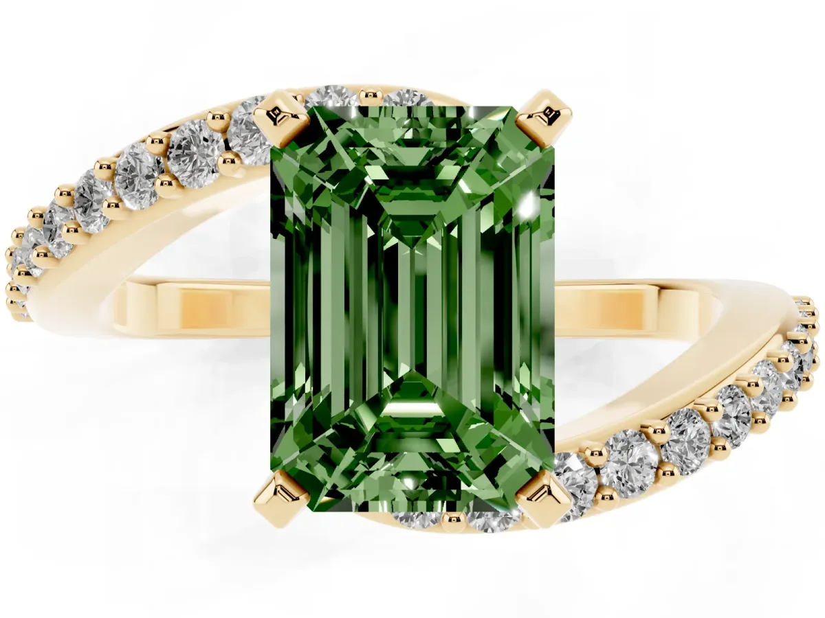 Fancy Green Emerald Cut Solitaire Twist Band with Pave Set Diamonds and Four-Prong Setting Yellow gold