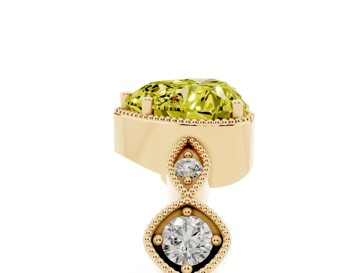 Fancy Yellow Heart Cut Diamond Vintage Milgrain Ring with Round Stations Yellow gold