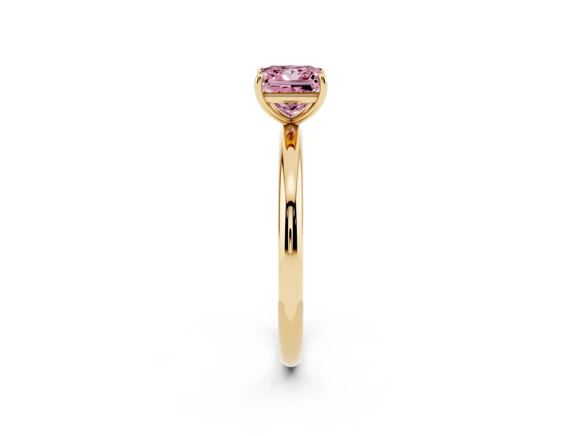 Fancy Pink Princess Cut Solitaire Diamond Ring with Four-Prong Setting on a Plain Band Yellow gold