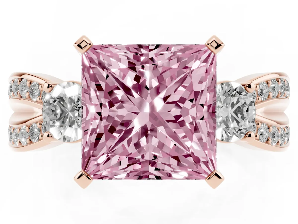 Fancy Pink Three-Stone Princess Cut Cut Diamond Twist Band with Prong Setting Rose gold