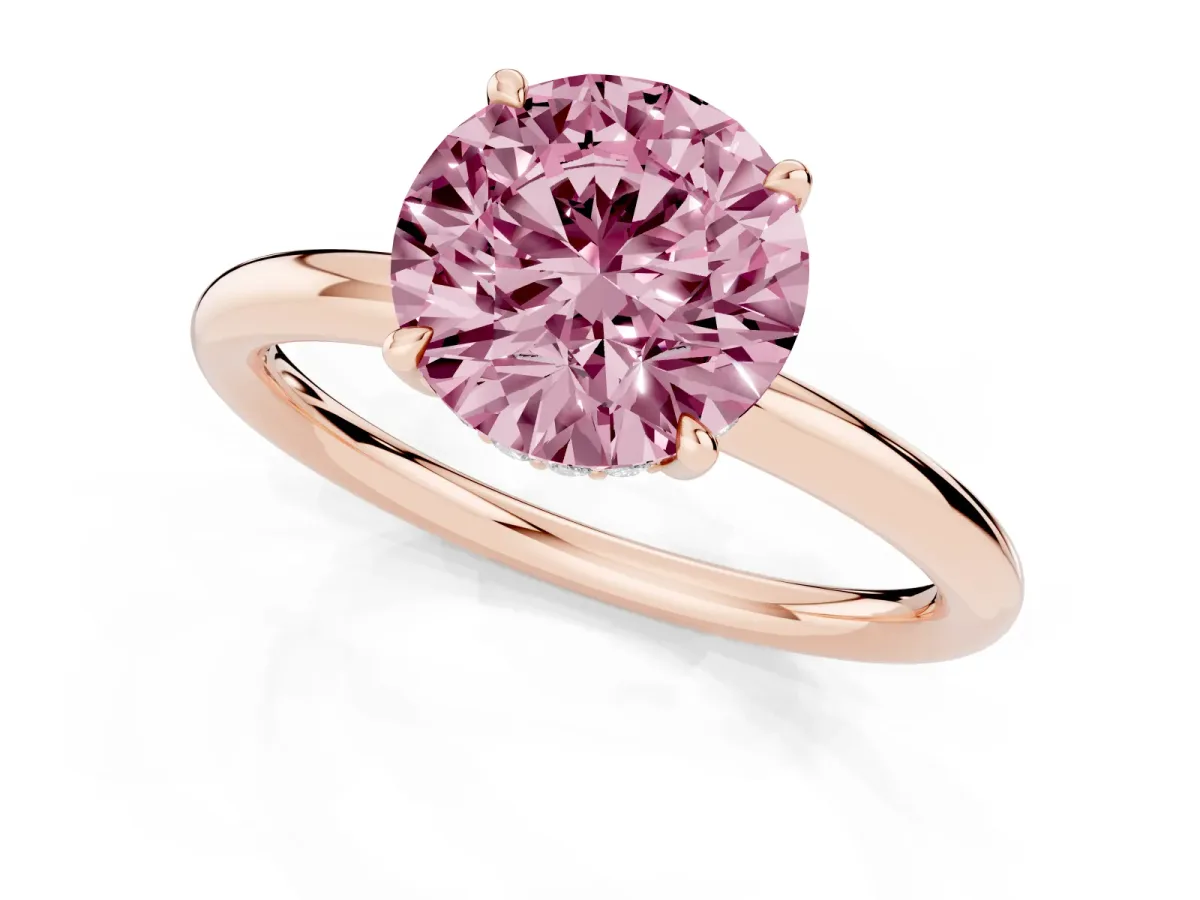 Fancy Pink Round Cut Diamond Solitaire Ring with Thin Band and Four-Prong Setting Rose gold