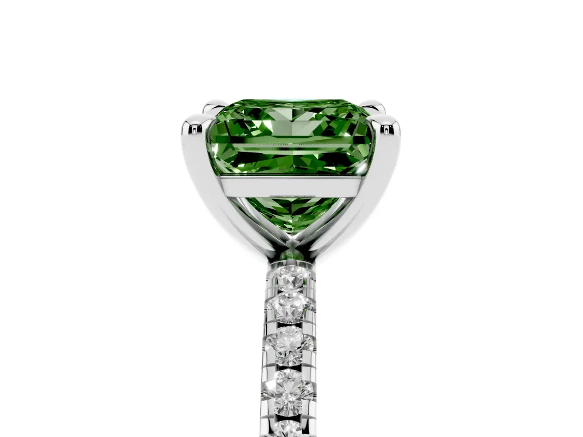 Fancy Green Princess Cut Diamond Brilliant Solitaire Ring with Pavé Band and Four-Prong Setting Platinum
