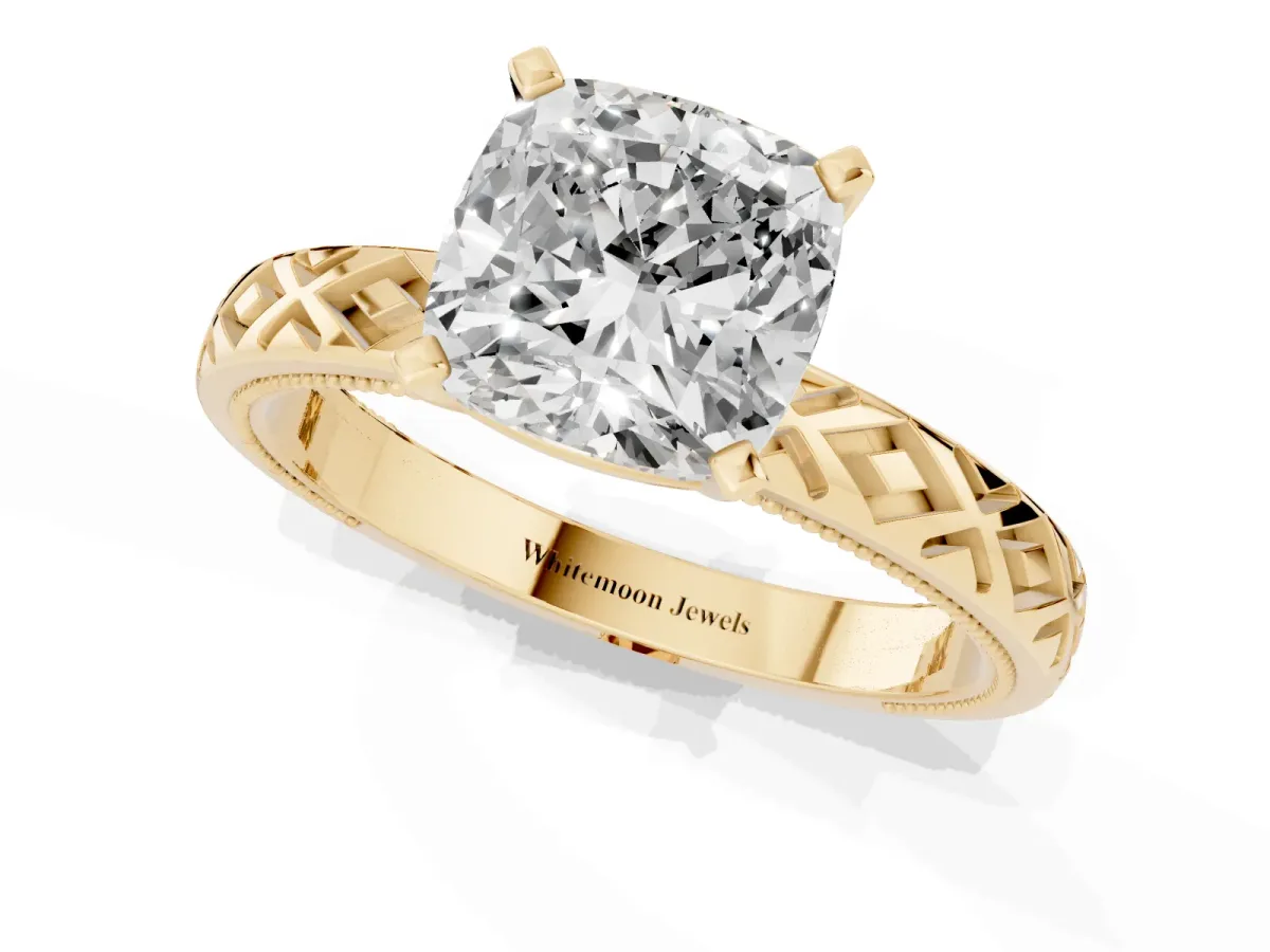 Cushion Cut Solitaire Diamond Ring with Milgrain and Black Enamel X Pattern Band Yellow gold