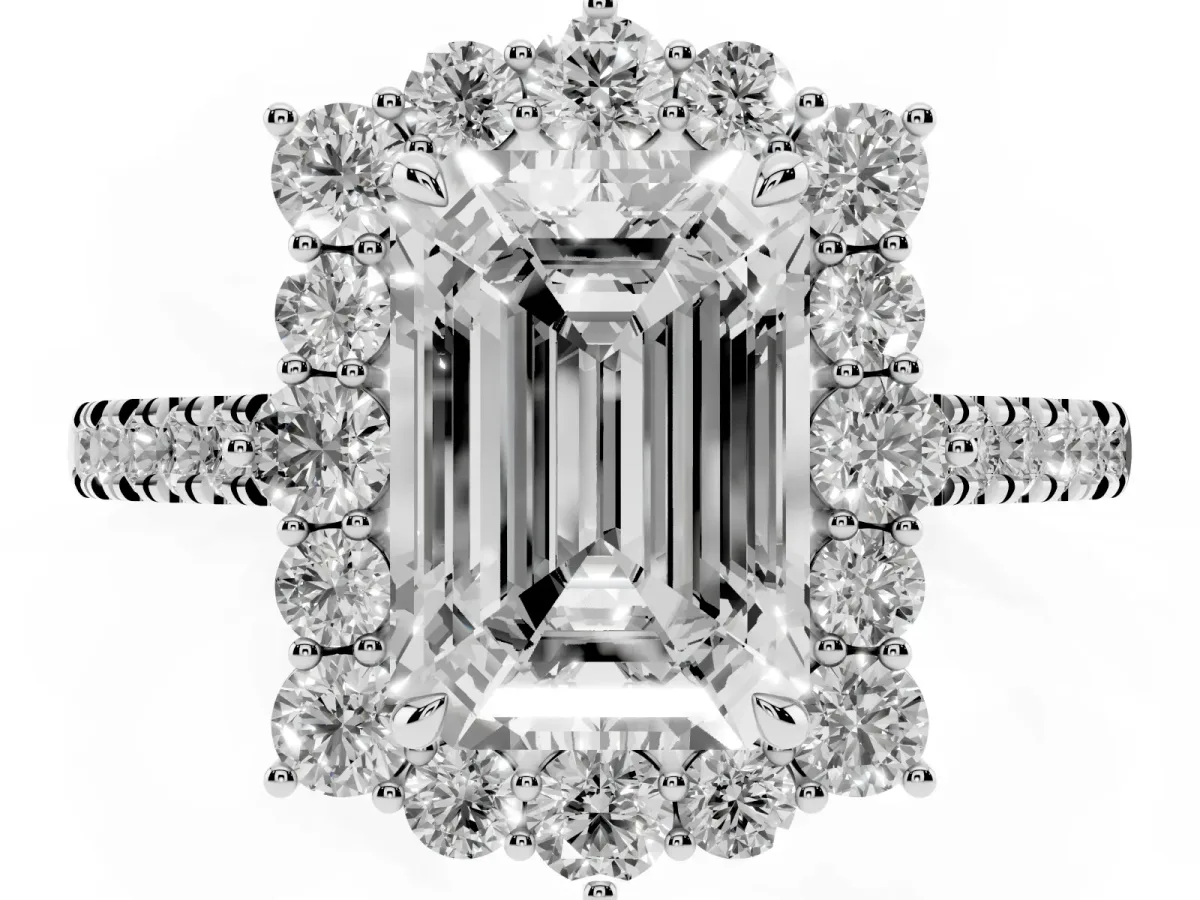Emerald Cut Halo Diamond Ring with Pavé Band and Prong Setting Silver