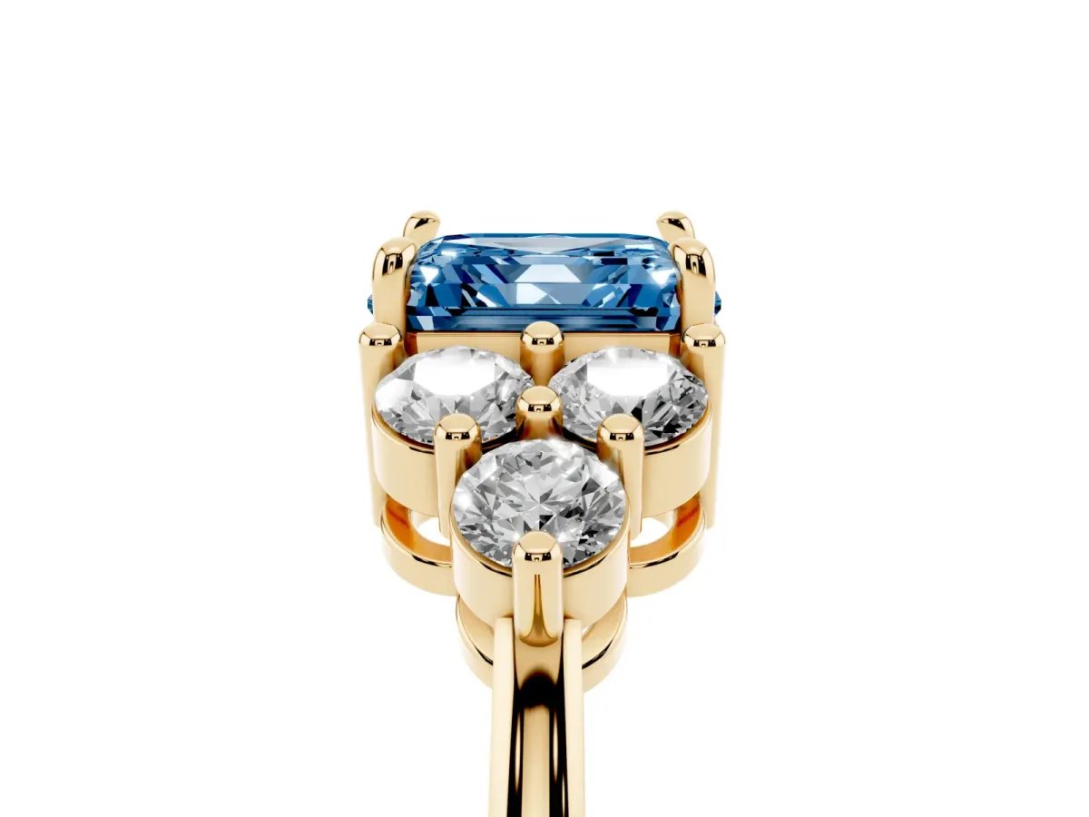 Fancy Blue Asscher Cut Brilliant Diamond Cluster Accent Solitaire Ring with Prong Setting Yellow gold