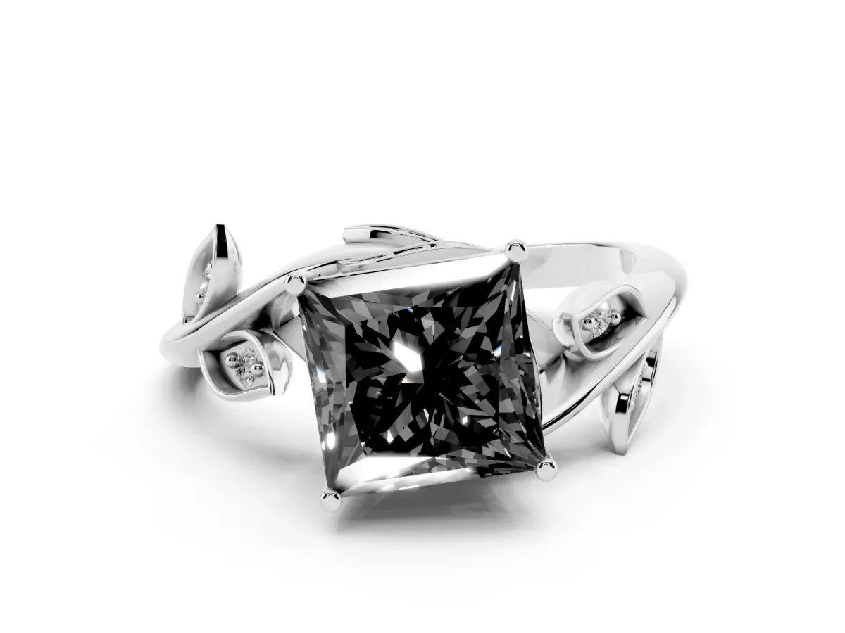 Fancy Black Princess Cut Solitaire Twist Engagement Ring with Leaf Accents and Prong Setting White gold