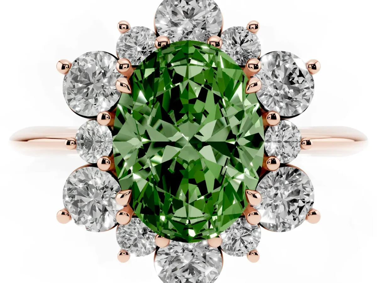 Fancy Green Oval Cut Diamond Cluster Halo Ring with Solitaire Band and Four-Prong Setting Rose gold