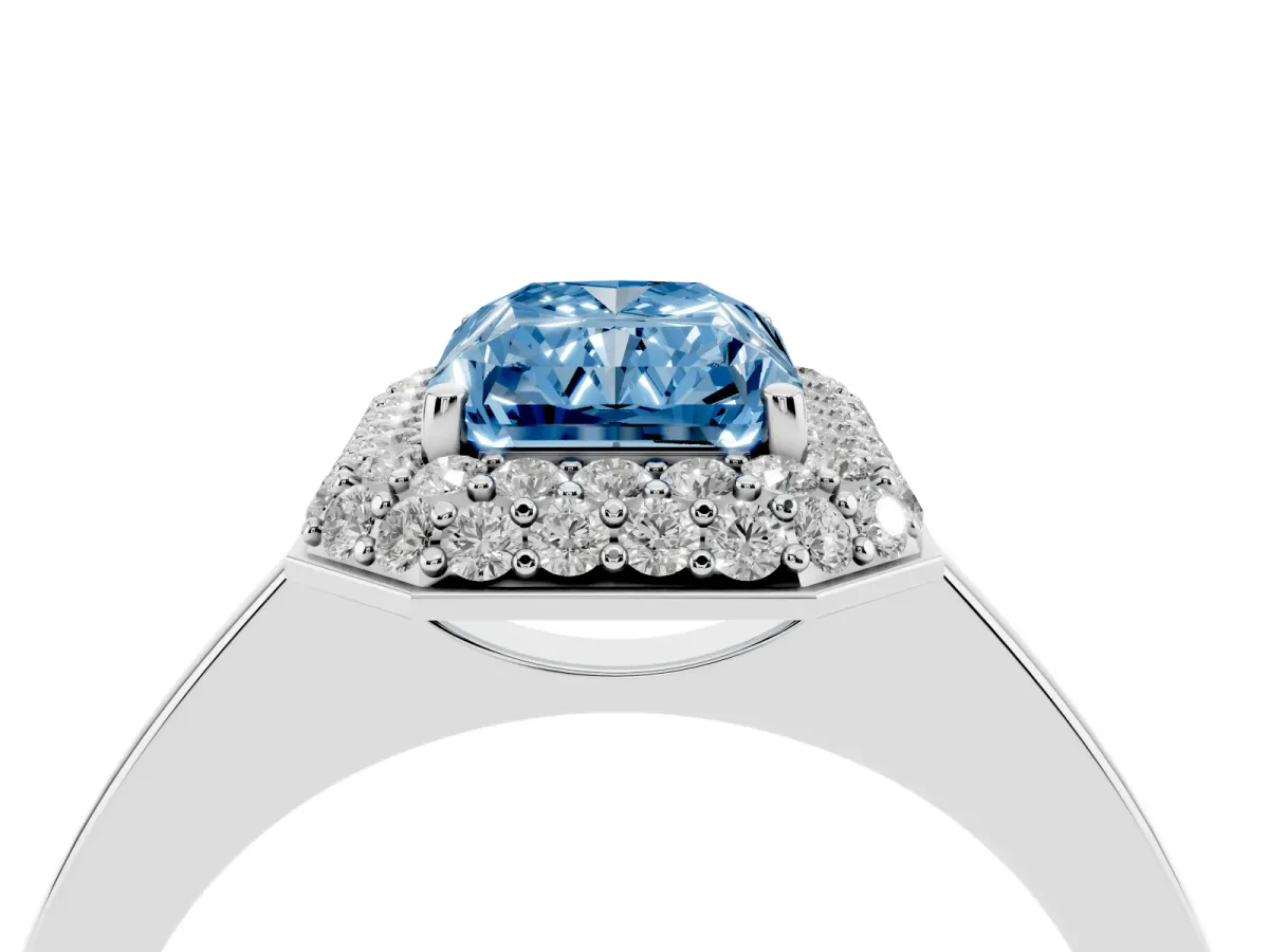 Fancy Blue Radiant Cut Halo Diamond Engagement Ring with Solitaire Band and Four-Prong Setting Platinum