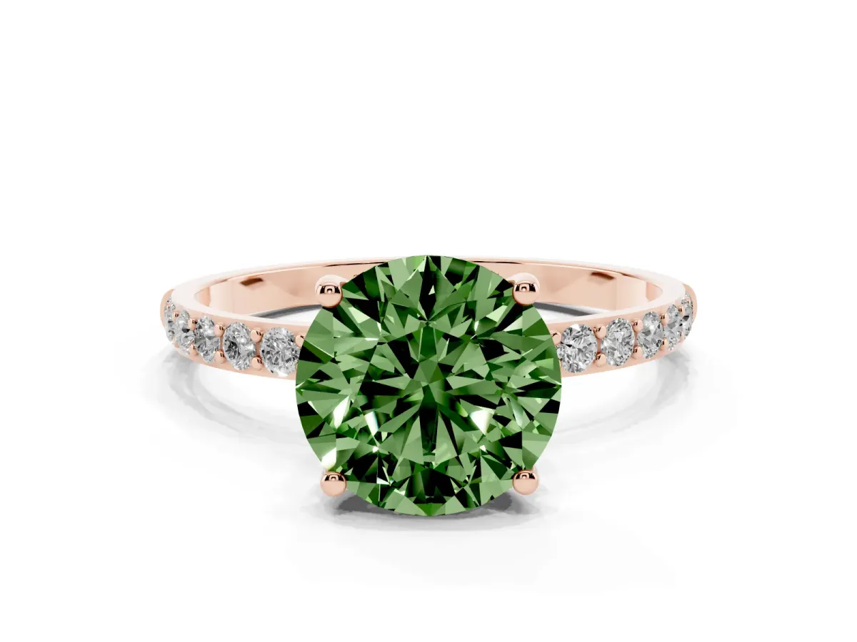 Fancy Green Round Cut Diamond Solitaire Ring with Round Pavé Shoulders and Prong Setting Rose gold