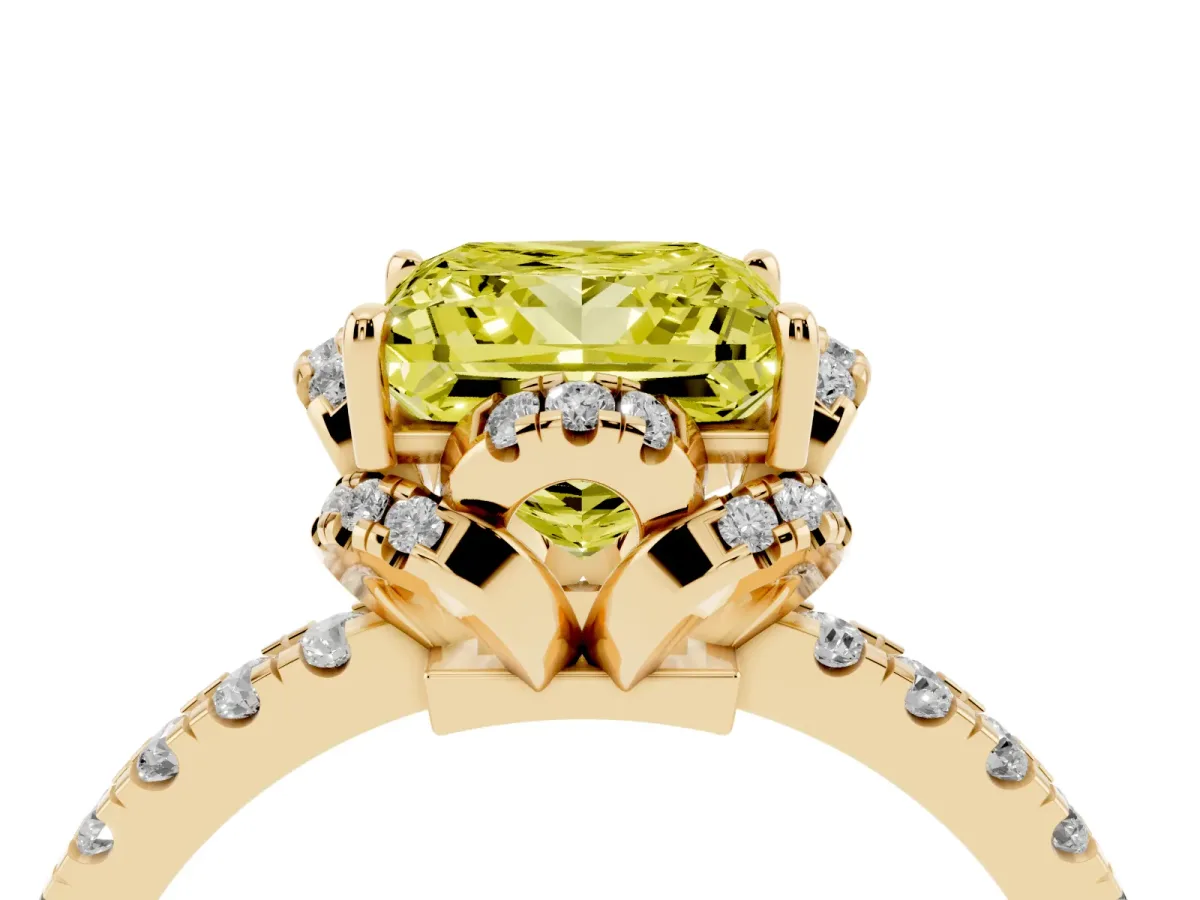 Fancy Yellow Princess Cut Diamond Halo Pave Band with Four-Prong Setting Yellow gold