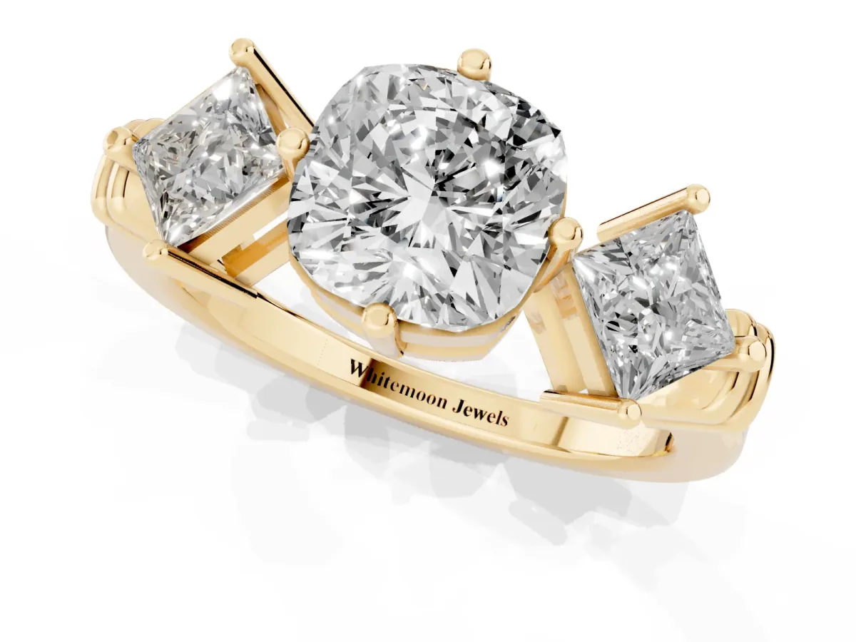 Three-Stone Cushion Cut and Princess Cut Diamond Ring with Channel Band and Four-Prong Setting Yellow gold