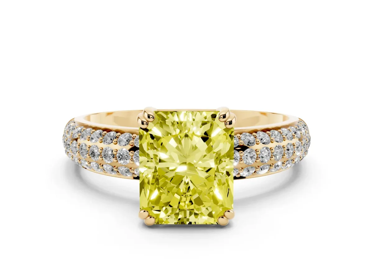 Fancy Yellow Radiant Cut Diamond Solitaire Ring with Multi-Row Round Pavé Band and Prong Setting Yellow gold