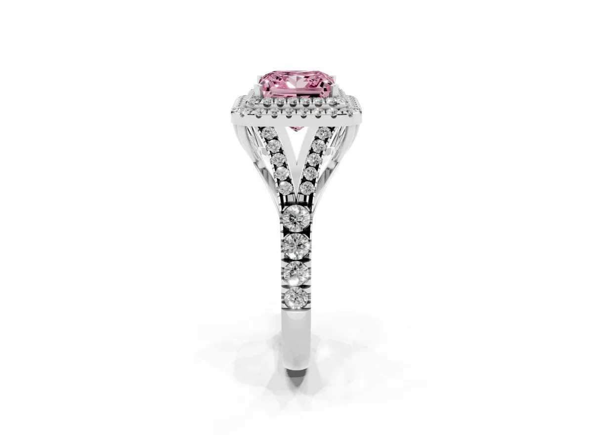 Fancy Pink Princess Cut Diamond Double Halo Ring with Split Shank and Prong Setting Platinum