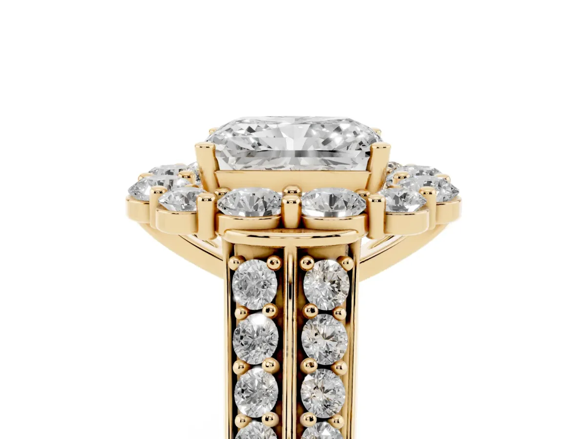 Radiant Cut Halo Diamond Engagement Ring with Split Shank and Prong Setting Yellow gold