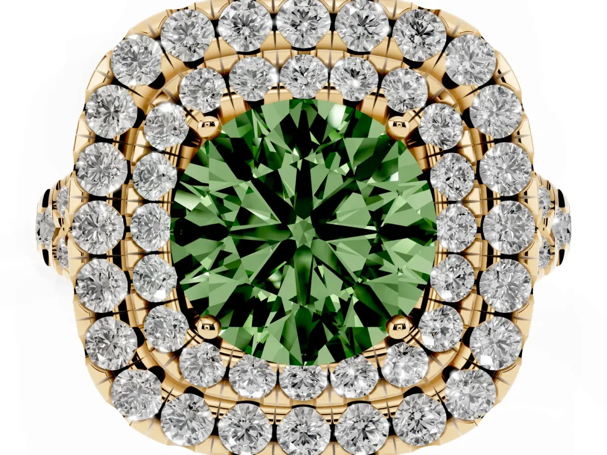 Fancy Green Double Halo Round Cut Diamond Pavé Split Shank Ring with Prong Setting Yellow gold