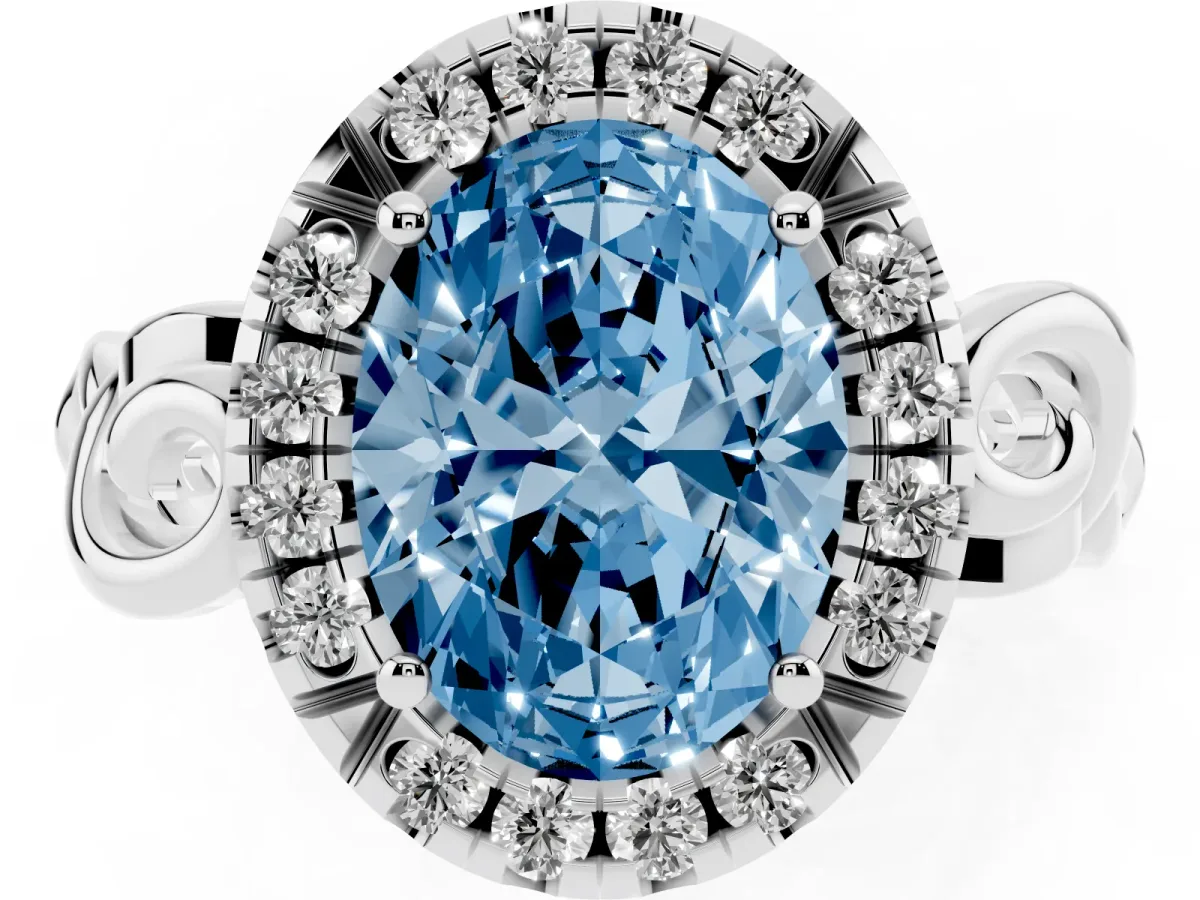 Fancy Blue Oval Cut Cut Halo Diamond Ring with Scrollwork Band and Four-Prong Setting Silver