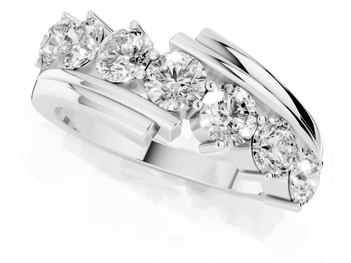 Round Diamond Wave Band with Channel and Shared Prong Setting Silver