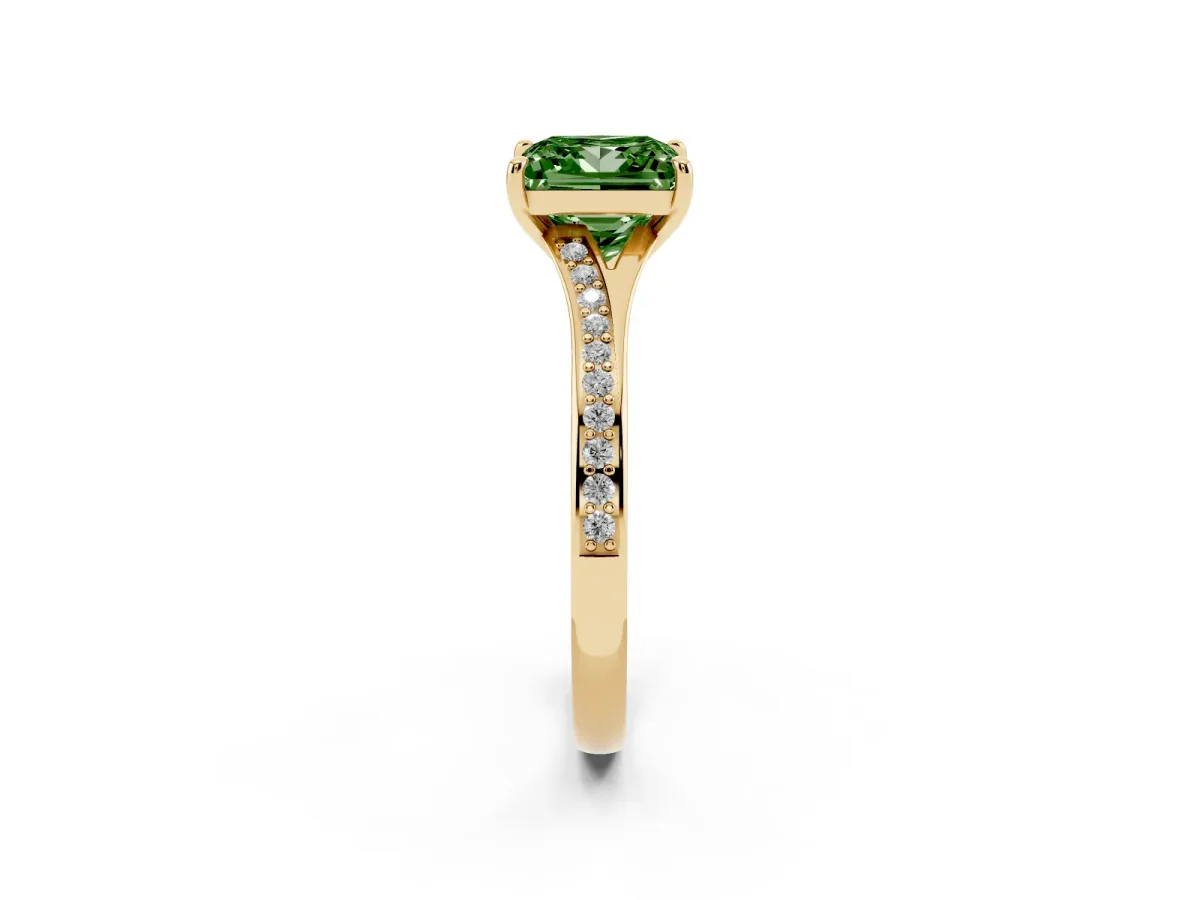 Fancy Green Princess Cut Diamond Solitaire Ring with Pavé Band and Prong Setting Yellow gold