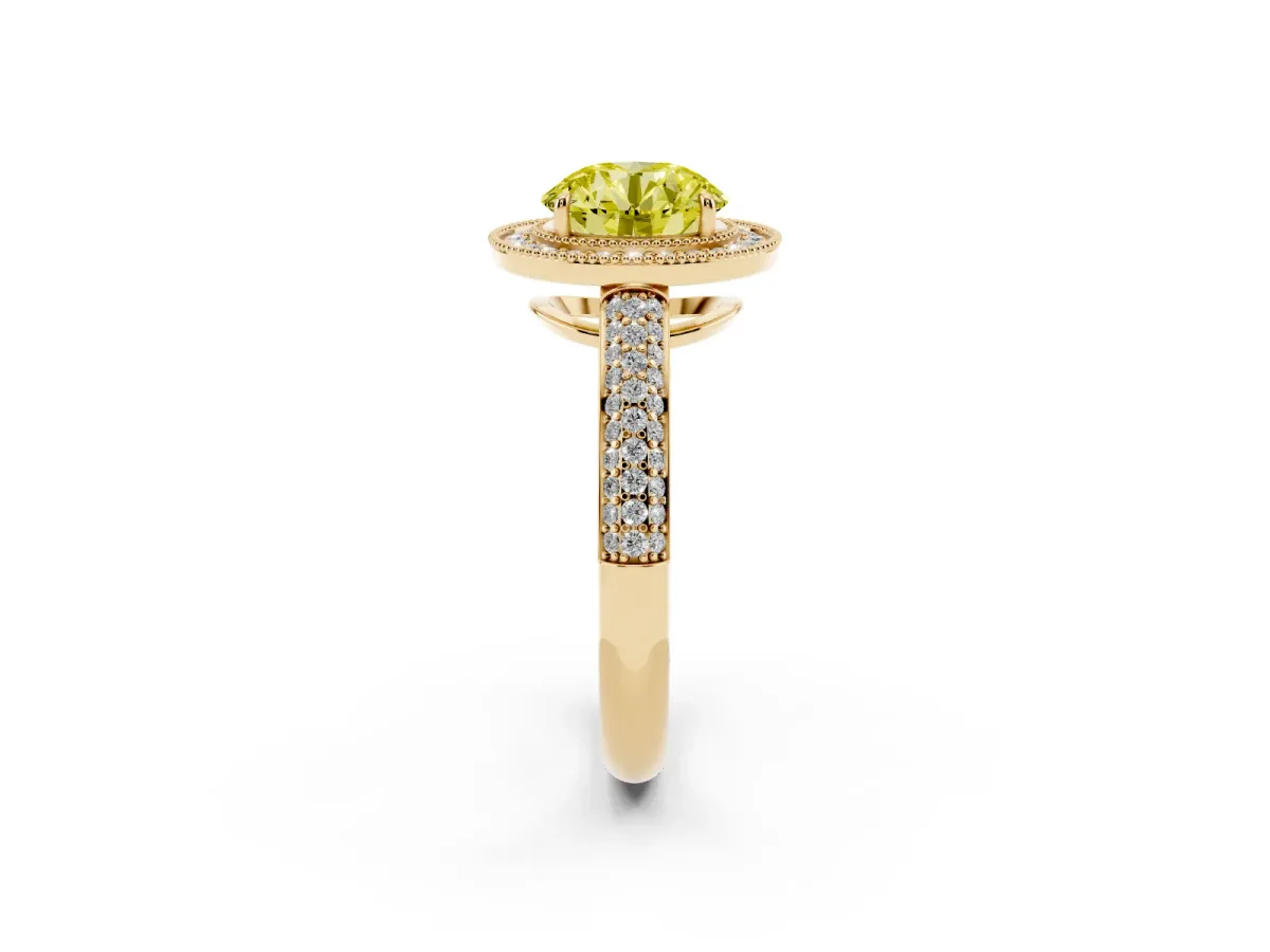 Fancy Yellow Round Cut Cut Halo Diamond Pave Band with Four-Prong Setting Yellow gold