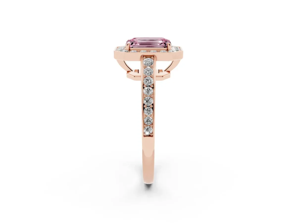 Fancy Pink Emerald Cut Halo Pavé Diamond Engagement Ring with Bezel Setting Rose gold
